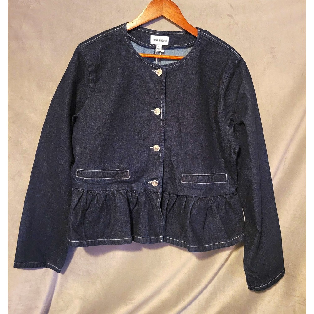 Steve Madden Women's Dark Blue Denim Peplum Jacket Pockets Size L NWT